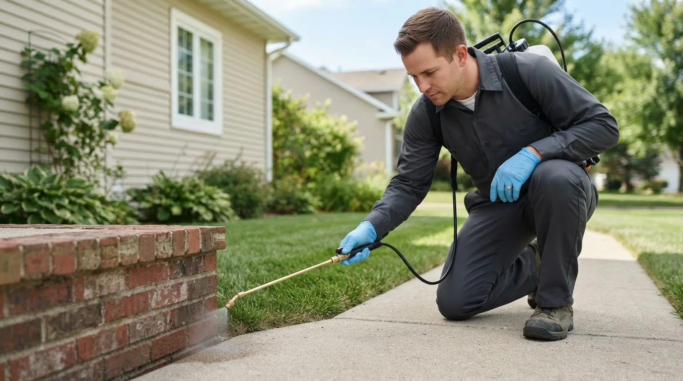 Pest control technician treating a home near South Plains, TX