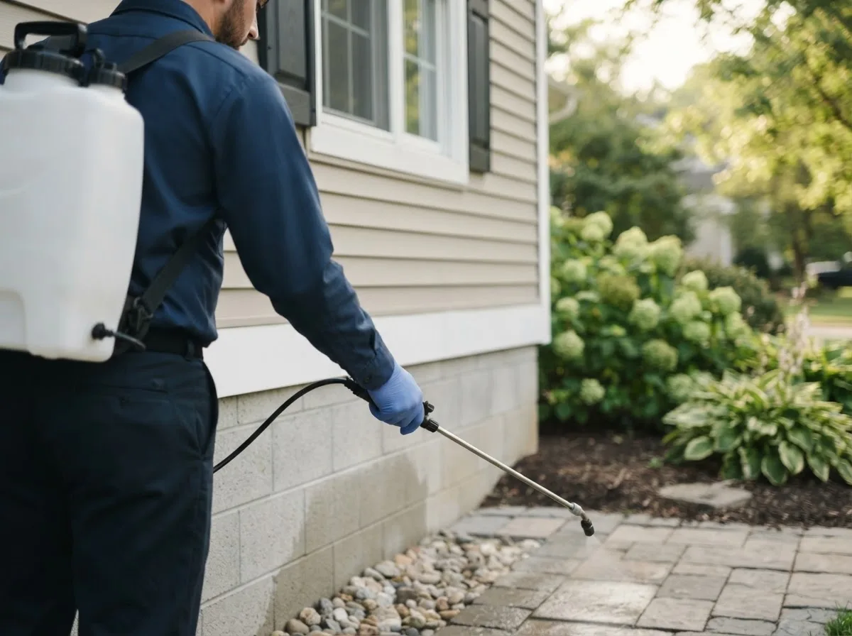 Pest control technician inspecting a home in South Plains, TX